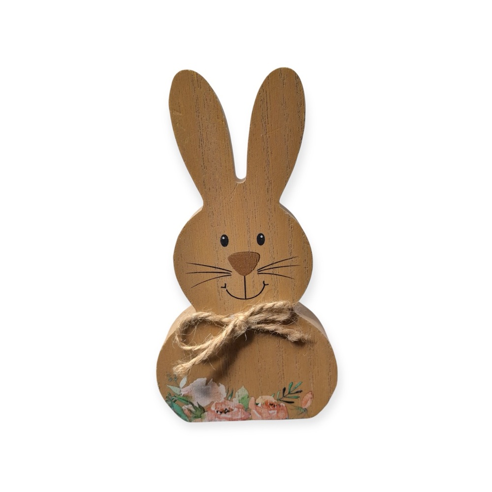 Easter Floral Wooden Bunny with Strawstring Bow